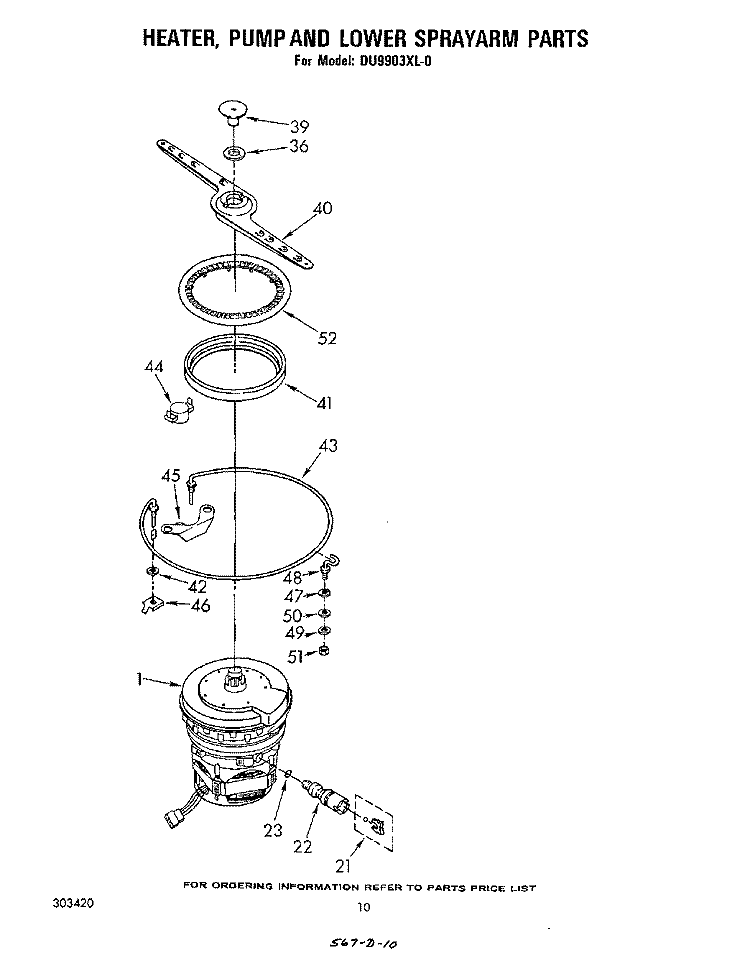 HEATER, PUMP AND LOWER SPRAY ARM Diagram and Parts List for DU9903XL0  Whirlpool Dishwasher