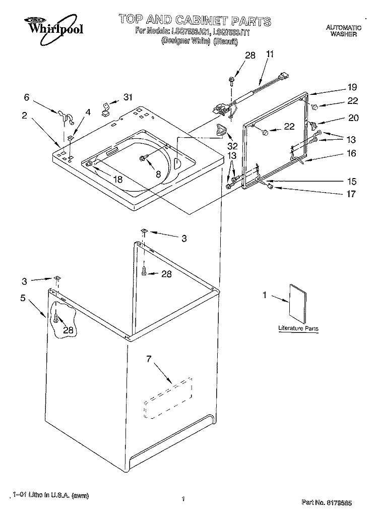 TOP AND CABINET, LITERATURE Diagram and Parts List for LSQ7533JQ1  Whirlpool Washer