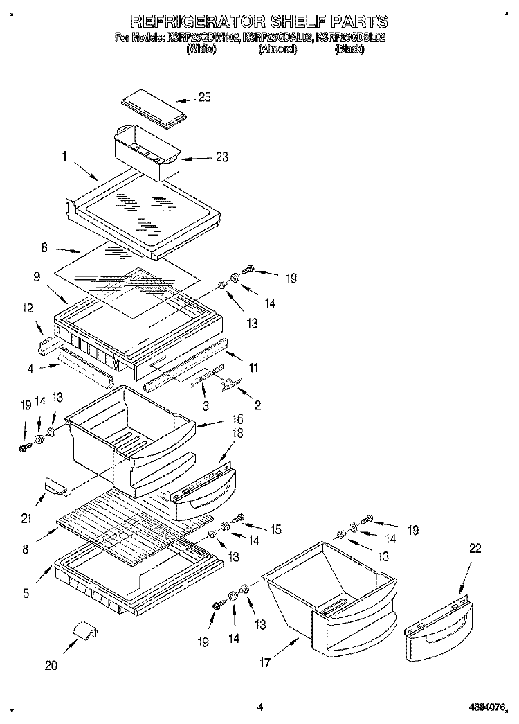 REFRIGERATOR SHELF Diagram and Parts List for KSRP25QDWH02  KitchenAid Refrigerator