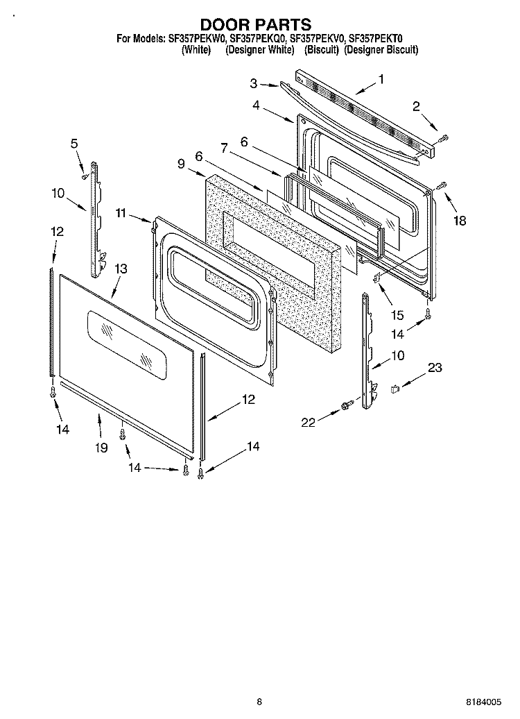 DOOR, OPTIONAL Diagram and Parts List for SF357PEKW0  Whirlpool Range