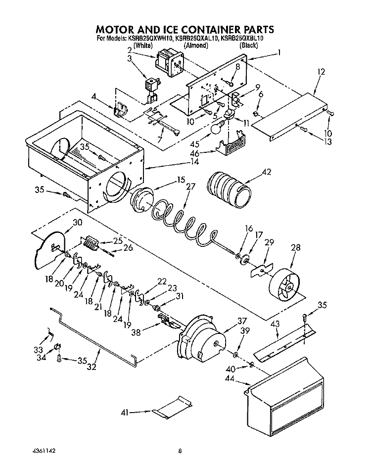 MOTOR AND ICE CONTAINER, LIT/OPTIONAL Diagram and Parts List for KSRB25QXAL10  KitchenAid Refrigerator