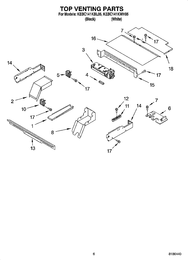 TOP VENTING PARTS, OPTIONAL PARTS Diagram and Parts List for KEBC141KWH05  KitchenAid Wall Oven