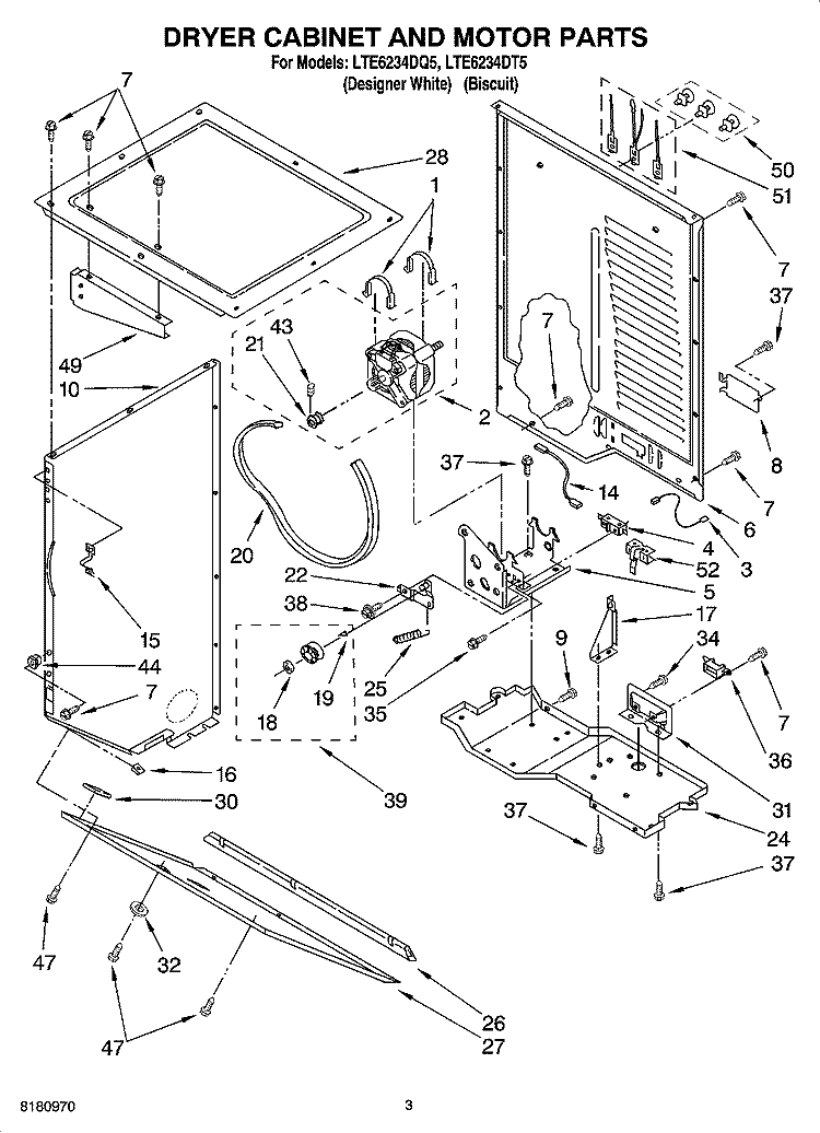 DRYER CABINET AND MOTOR PARTS Diagram and Parts List for LTE6234DQ5  Whirlpool Washer Dryer Combo
