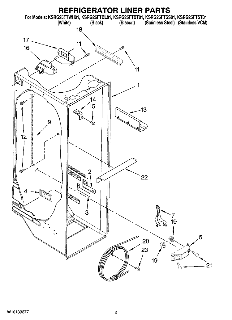REFRIGERATOR LINER PARTS Diagram and Parts List for KSRG25FTBL01  KitchenAid Refrigerator