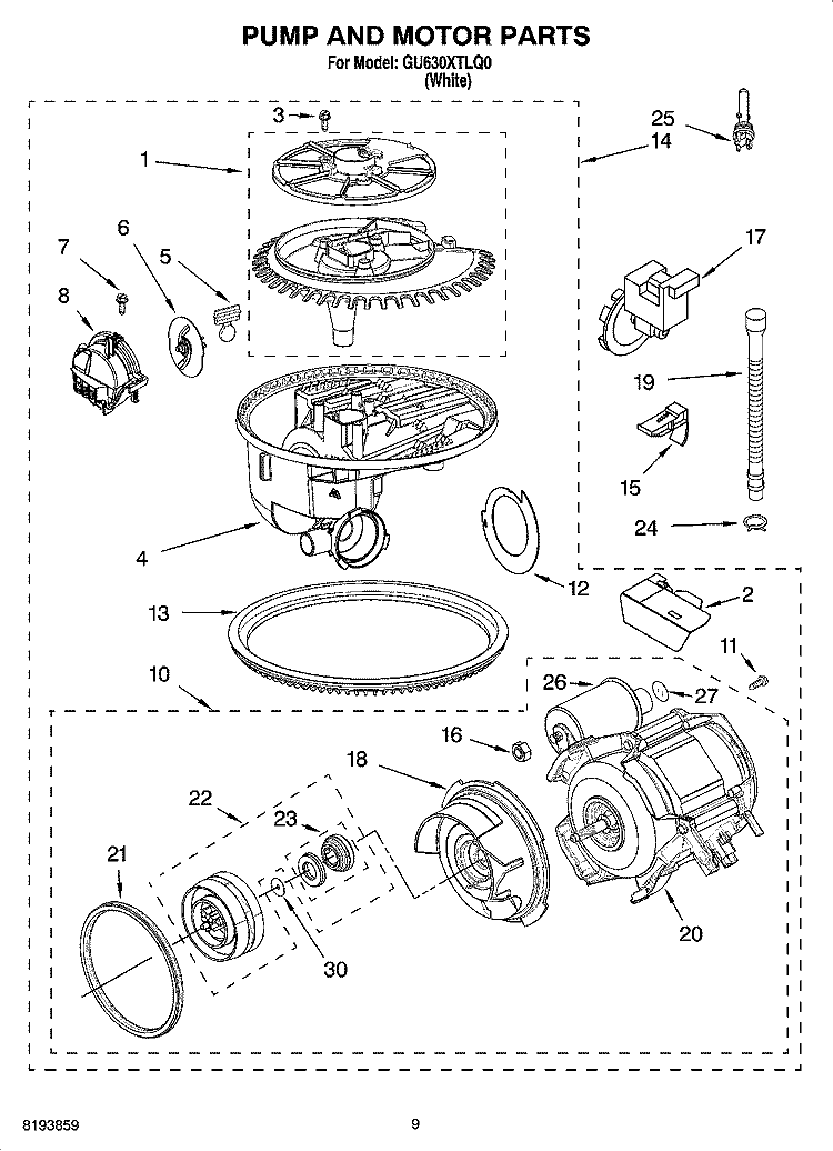 PUMP AND MOTOR PARTS Diagram and Parts List for GU630XTLQ0  Whirlpool Dishwasher