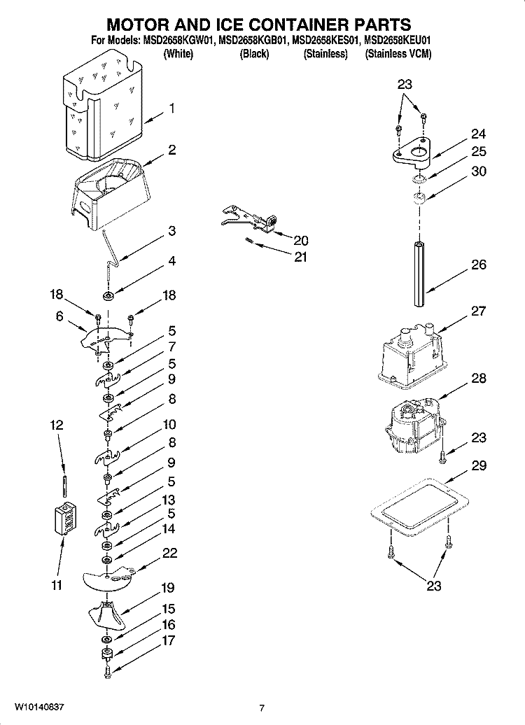 MOTOR AND ICE CONTAINER PARTS Diagram and Parts List for MSD2658KGB01  Whirlpool Refrigerator