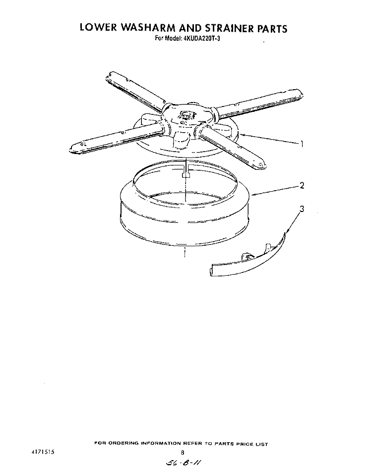 LOWER WASHARM AND STRAINER Diagram and Parts List for 4KUDA220T3  KitchenAid Dishwasher