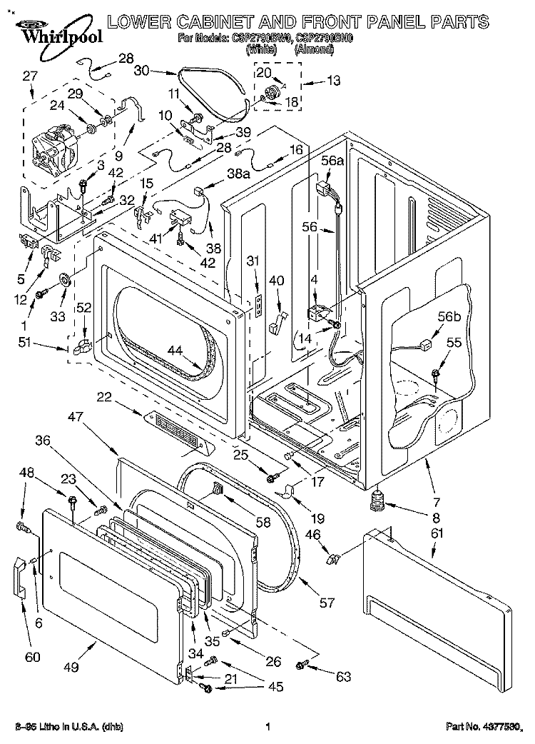 LOWER CABINET AND FRONT PANEL Diagram and Parts List for CSP2790BN0  Whirlpool Dryer