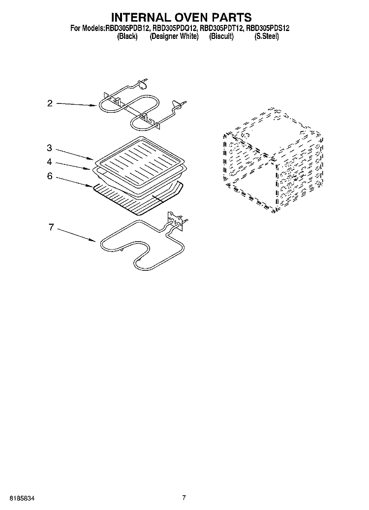 INTERNAL OVEN Diagram and Parts List for RBD305PDB12  Whirlpool Wall Oven