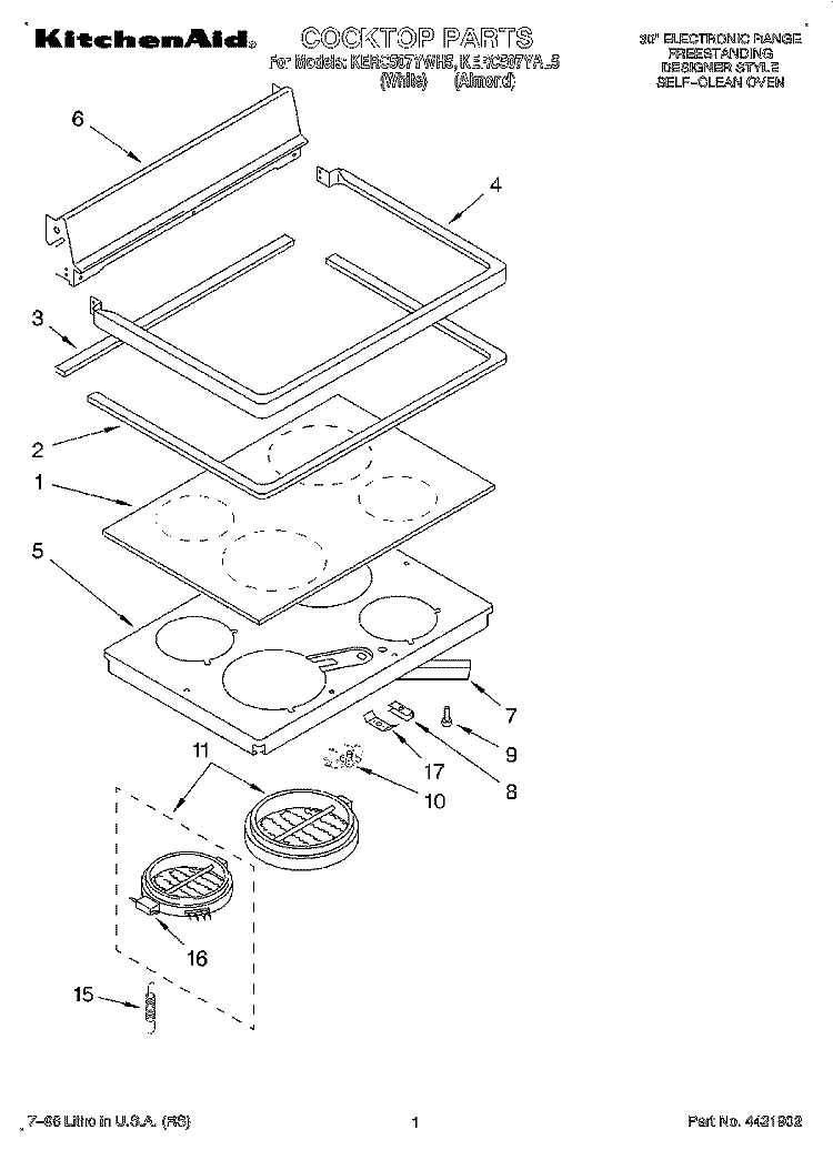 COOKTOP Diagram and Parts List for KERC507YAL5  KitchenAid Range