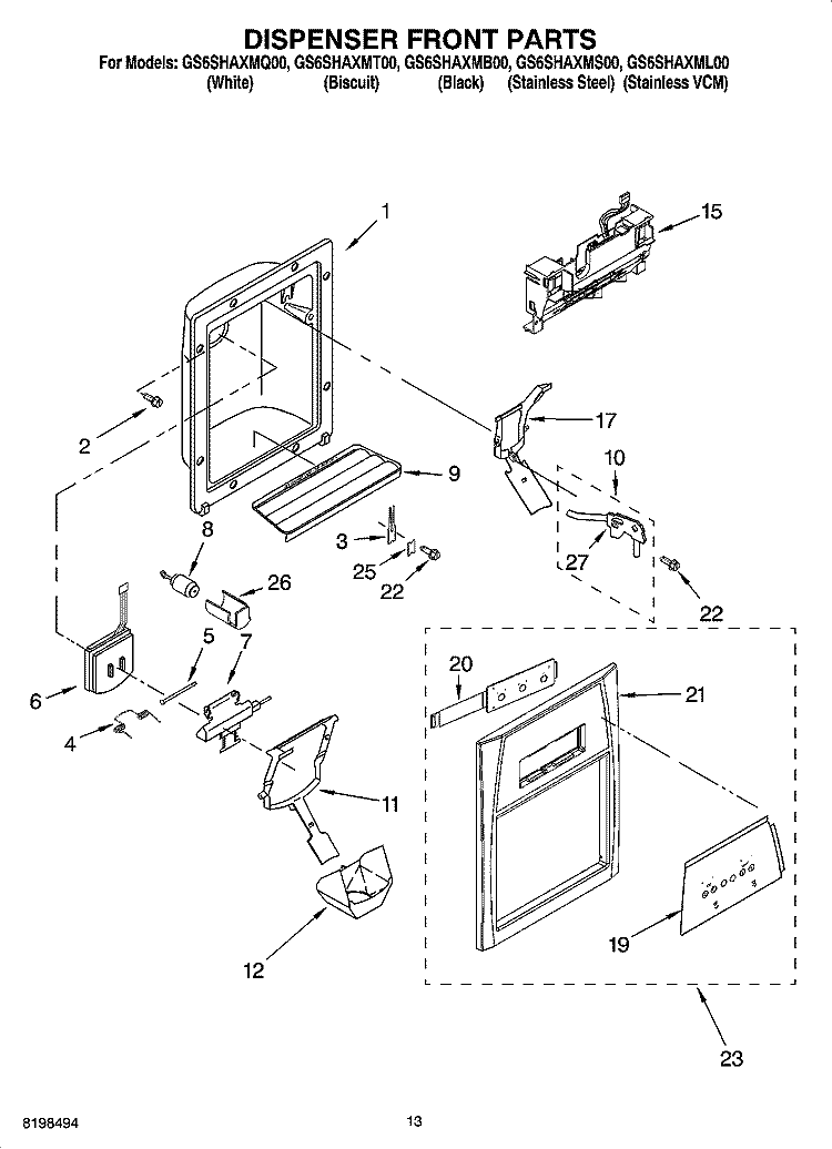 DISPENSER FRONT PARTS Diagram and Parts List for GS6SHAXMT00  Whirlpool Refrigerator