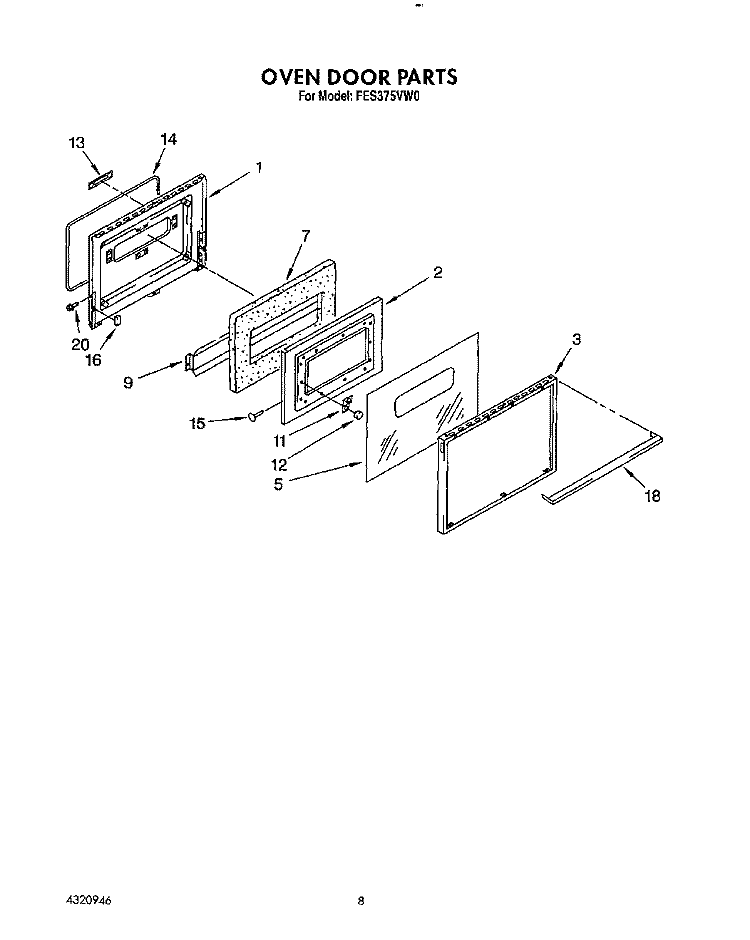 OVEN DOOR Diagram and Parts List for FES375VX0  Whirlpool Range