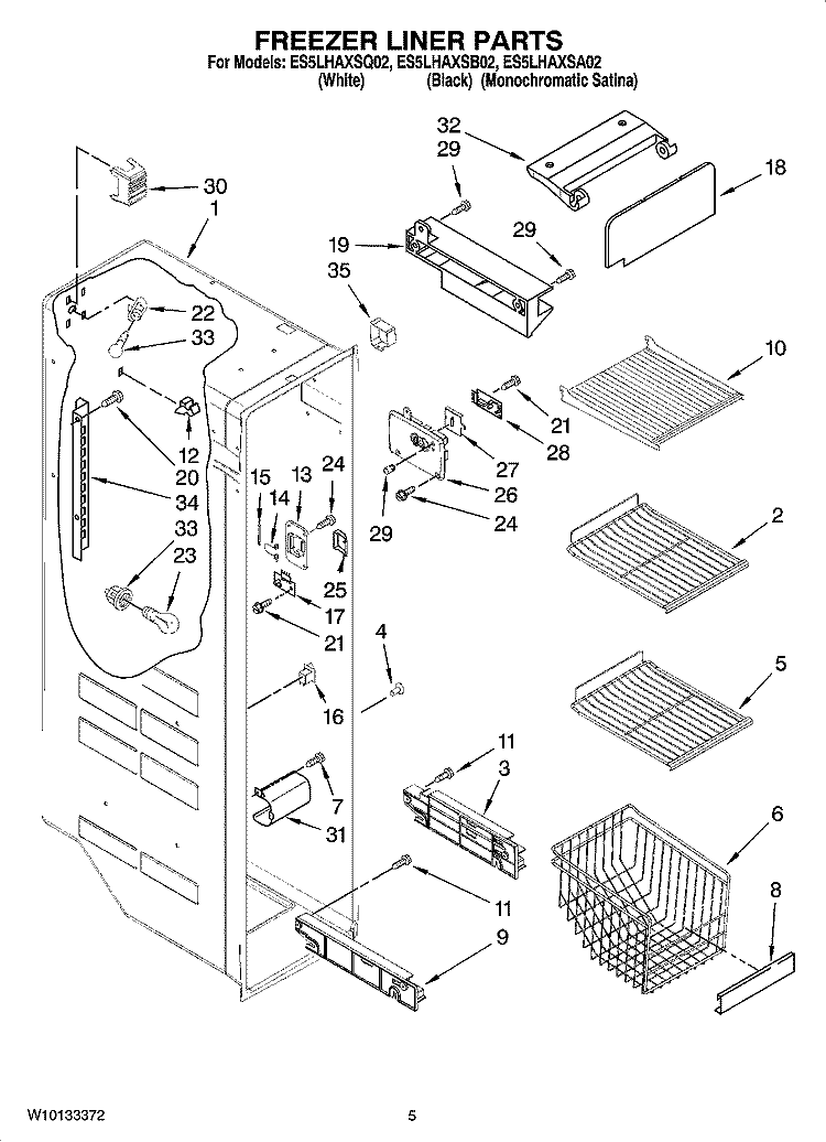 FREEZER LINER PARTS Diagram and Parts List for ES5LHAXSA02  Whirlpool Refrigerator