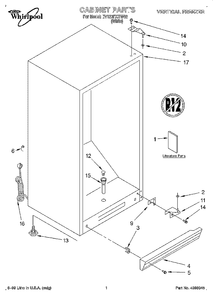 CABINET, LITERATURE Diagram and Parts List for EV120FXGW02  Whirlpool Freezer