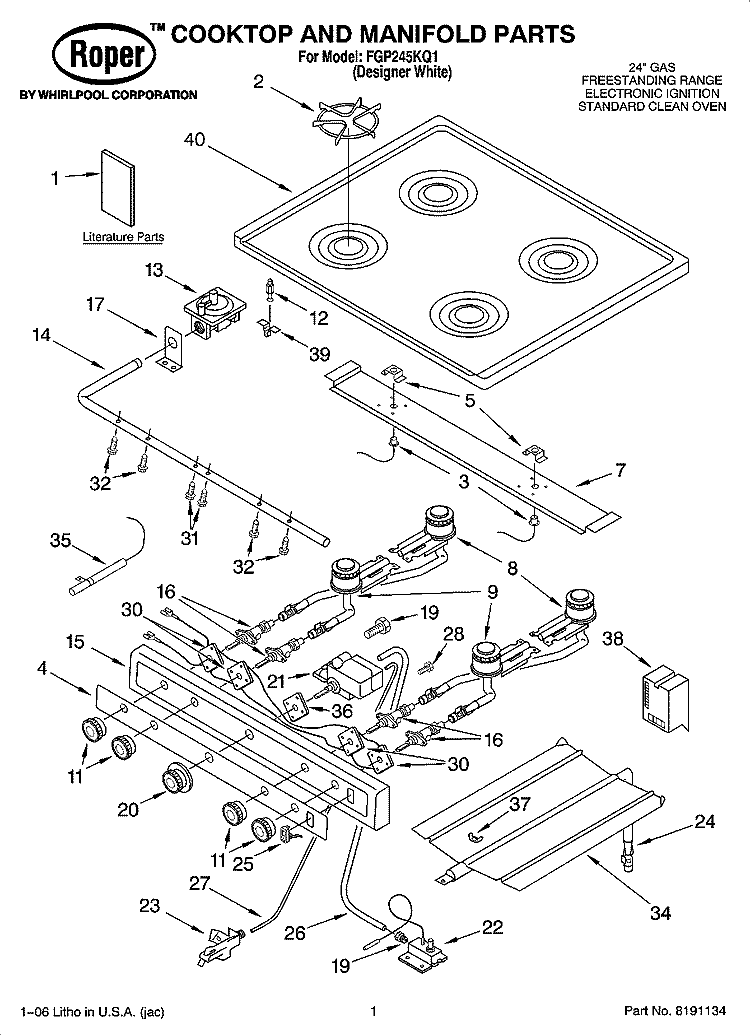 COOKTOP AND MANIFOLD PARTS Diagram and Parts List for FGP245KQ1  Roper Range
