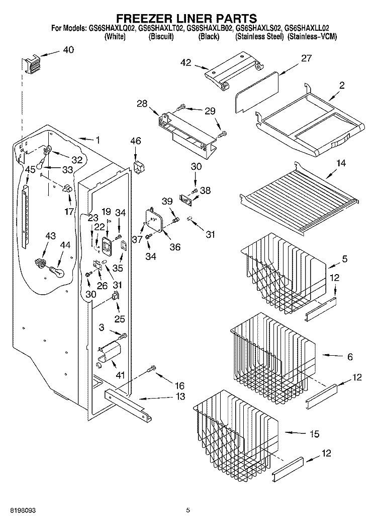 FREEZER LINER Diagram and Parts List for GS6SHAXLT02  Whirlpool Refrigerator