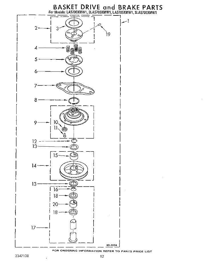 BASKET DRIVE AND BRAKE Diagram and Parts List for 2LA5700XMW1  Whirlpool Washer
