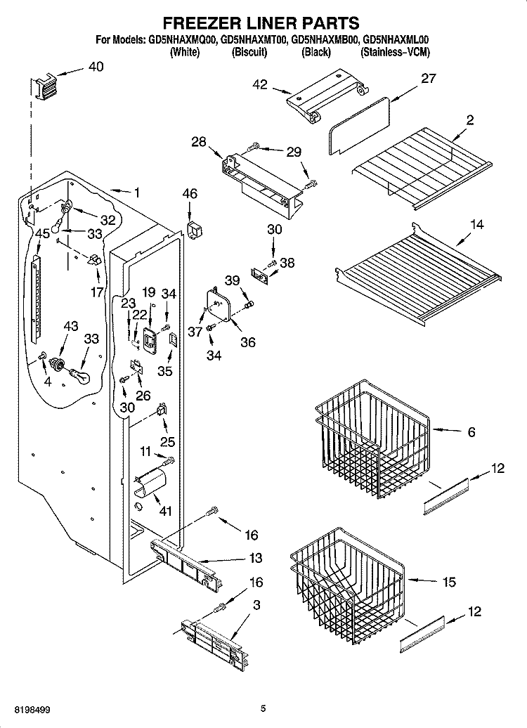 FREEZER LINER PARTS Diagram and Parts List for GD5NHAXMQ00  Whirlpool Refrigerator