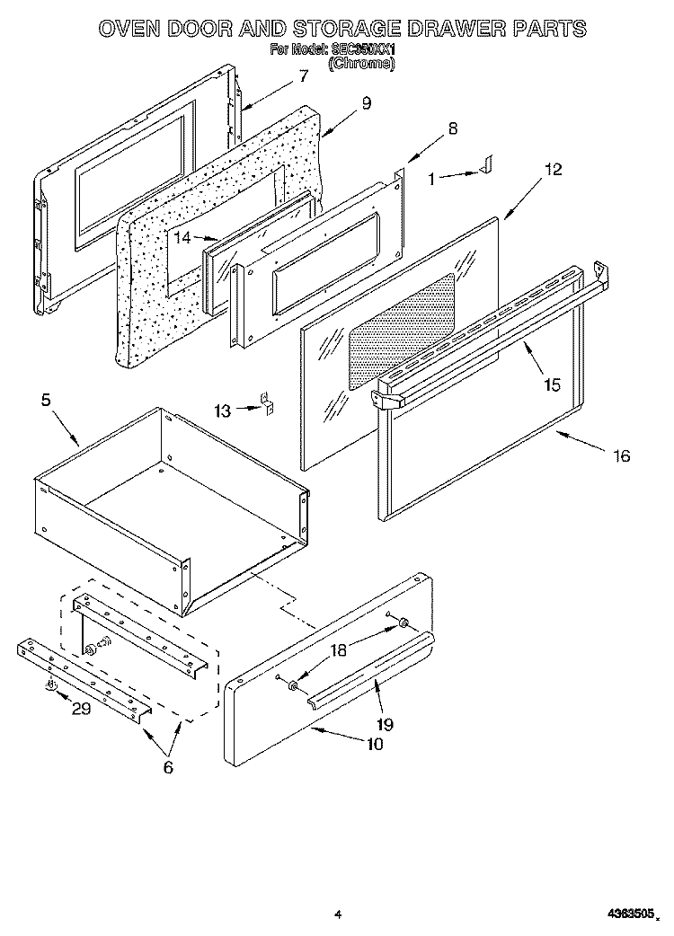OVEN DOOR AND STORAGE DRAWER Diagram and Parts List for SEC350XX1  Roper Range