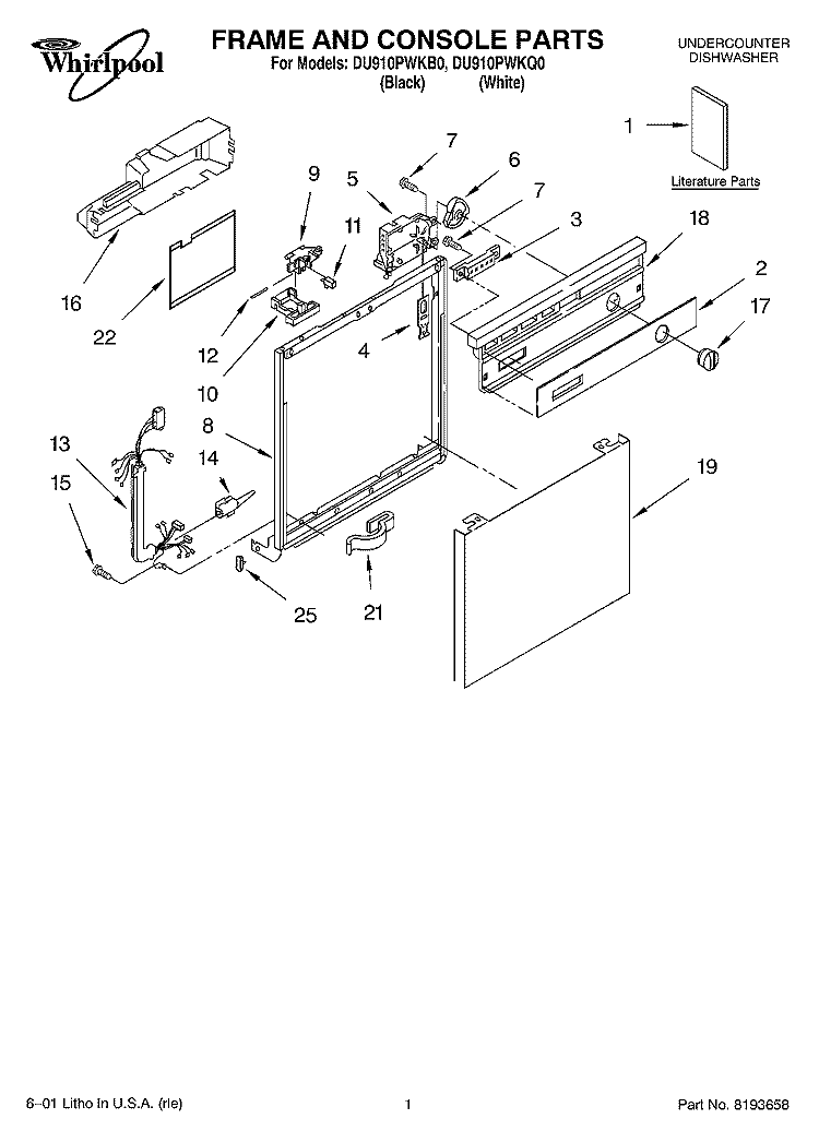FRAME AND CONSOLE, LITERATURE Diagram and Parts List for DU910PWKQ0  Whirlpool Dishwasher