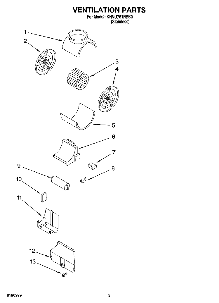 VENTILATION PARTS Diagram and Parts List for KHVU761RSS0  KitchenAid Range Hood
