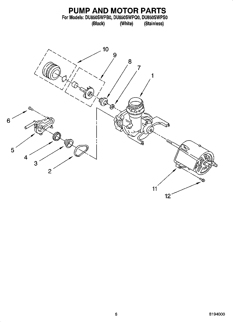 PUMP AND MOTOR PARTS Diagram and Parts List for DU850SWPB0  Whirlpool Dishwasher