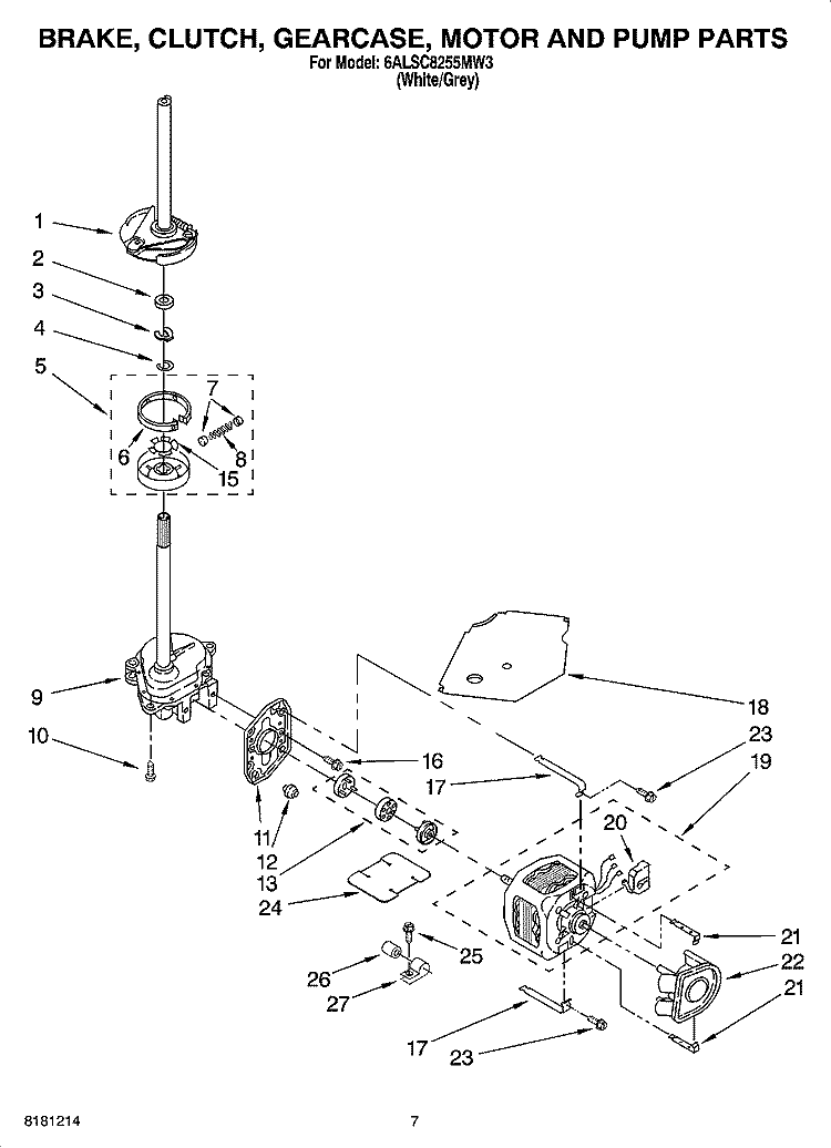 BRAKE, CLUTCH, GEARCASE, MOTOR AND PUMP PARTS Diagram and Parts List for 6ALSC8255MW3  Whirlpool Washer
