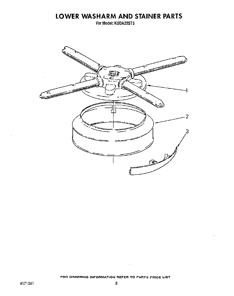 LOWER WASHARM AND STRAINER Diagram and Parts List for KUDA22ST3  KitchenAid Dishwasher
