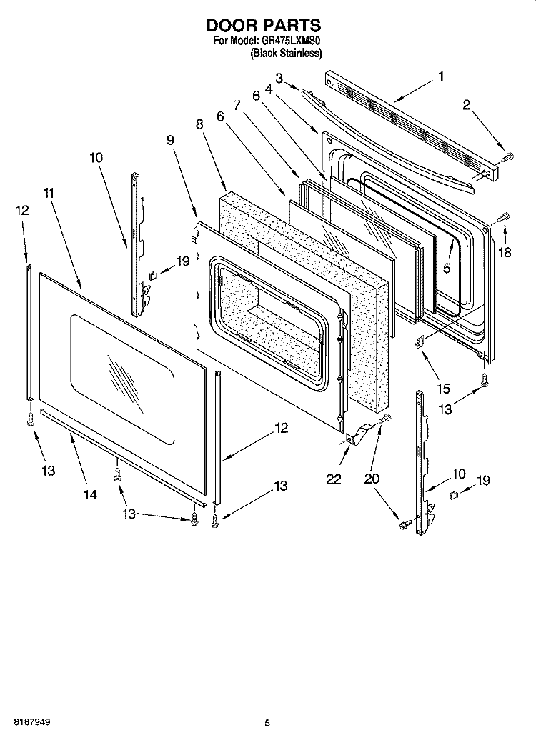 DOOR PARTS Diagram and Parts List for GR475LXMS0  Whirlpool Range