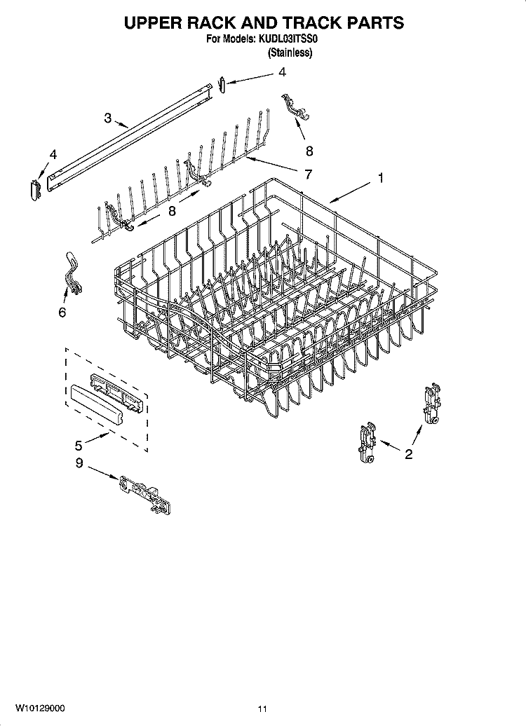 UPPER RACK AND TRACK PARTS Diagram and Parts List for KUDL03ITSS0  KitchenAid Dishwasher