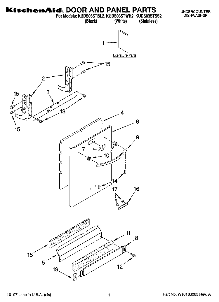 DOOR AND PANEL PARTS Diagram and Parts List for KUDS03STWH2  KitchenAid Dishwasher