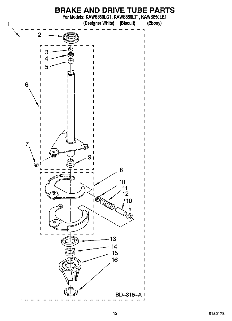 BRAKE AND DRIVE TUBE PARTS Diagram and Parts List for KAWS850LQ1  KitchenAid Washer