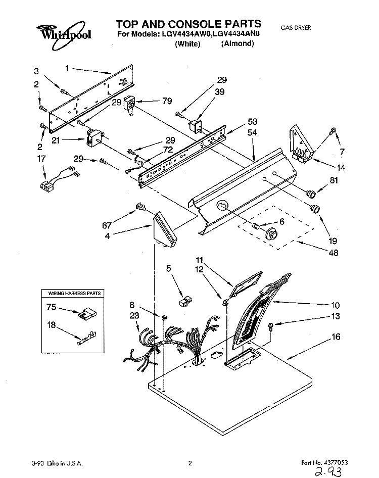 TOP AND CONSOLE, LIT/OPTIONAL Diagram and Parts List for LGV4434AW0  Whirlpool Dryer