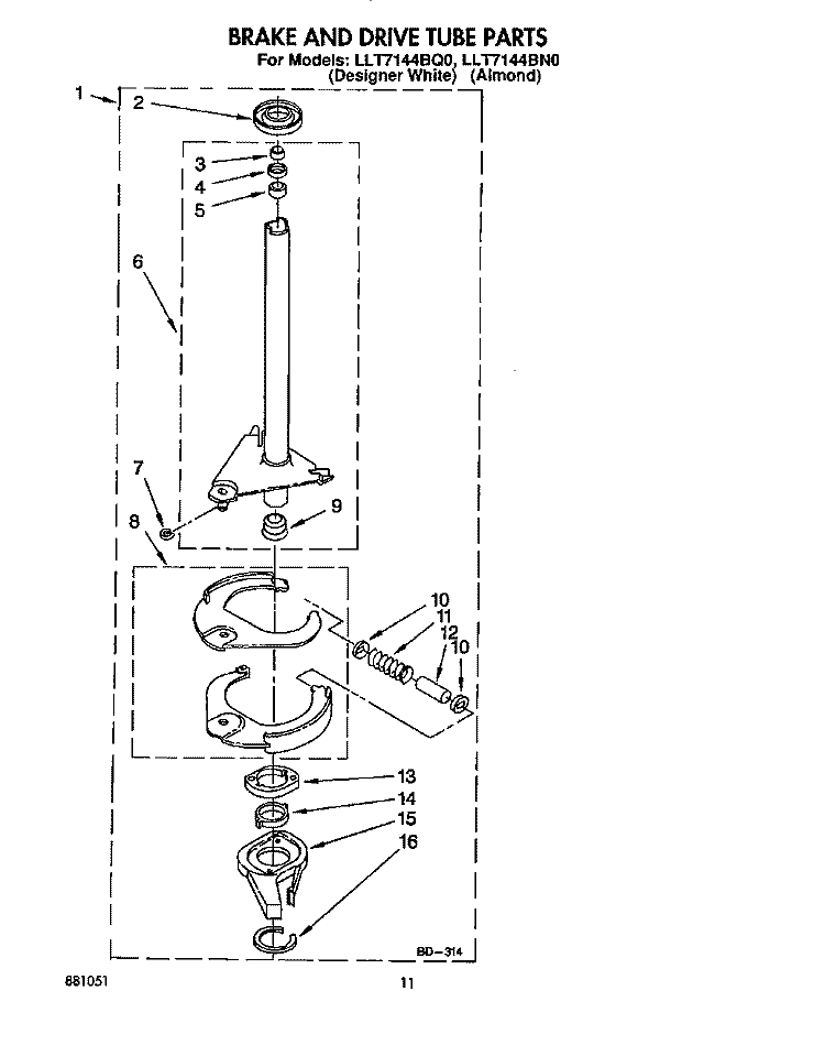 BRAKE AND DRIVE TUBE Diagram and Parts List for LLT7144BN0  Whirlpool Washer