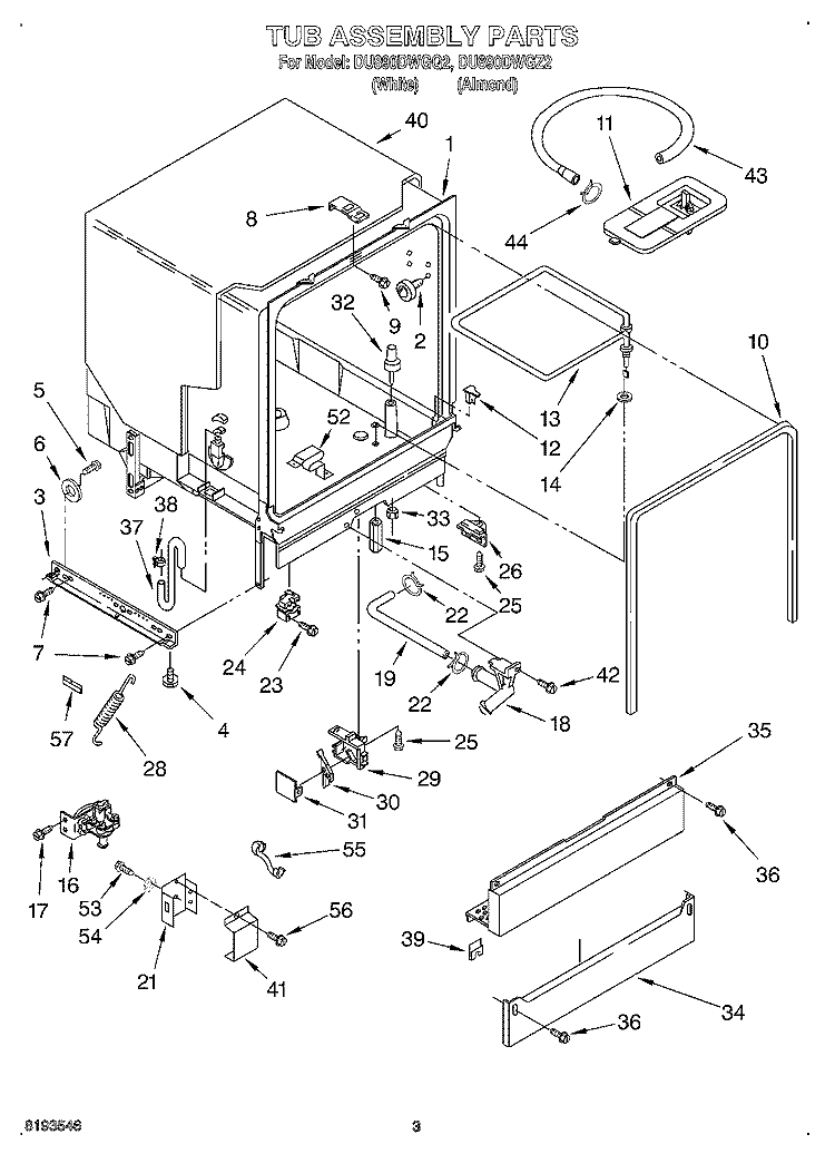 TUB ASSEMBLY Diagram and Parts List for DU890DWGQ2  Whirlpool Dishwasher