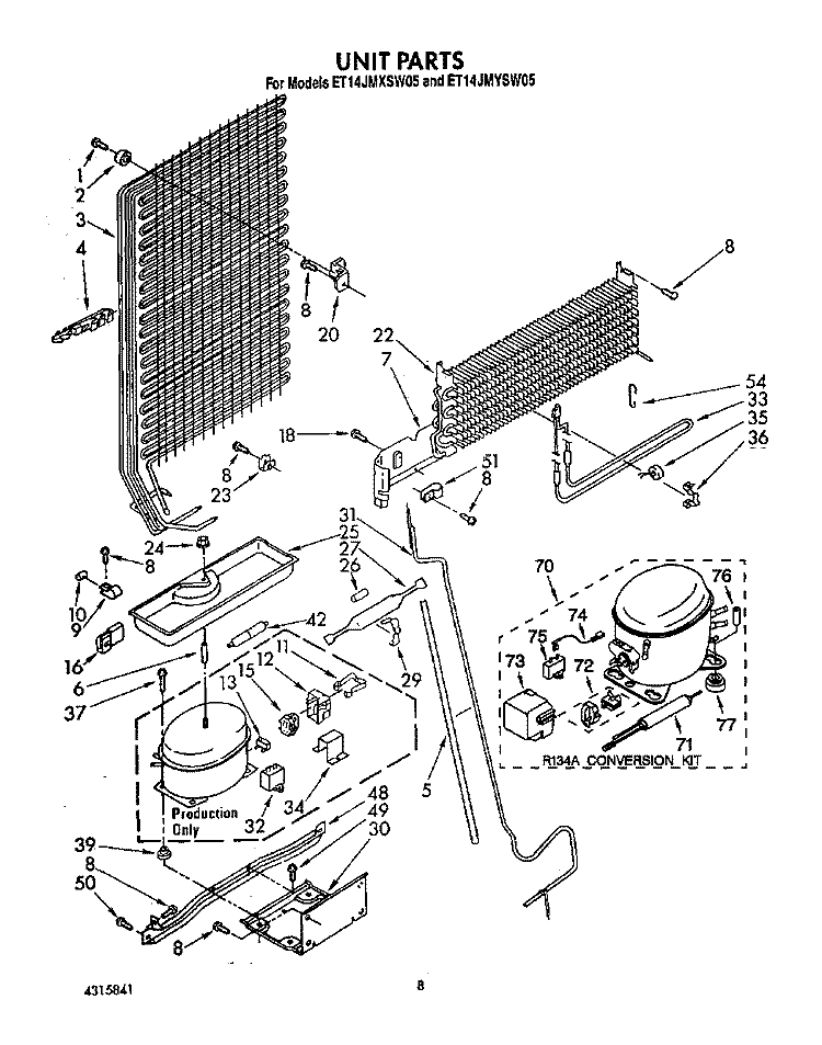 UNIT Diagram and Parts List for ET14JMYSF05  Whirlpool Refrigerator