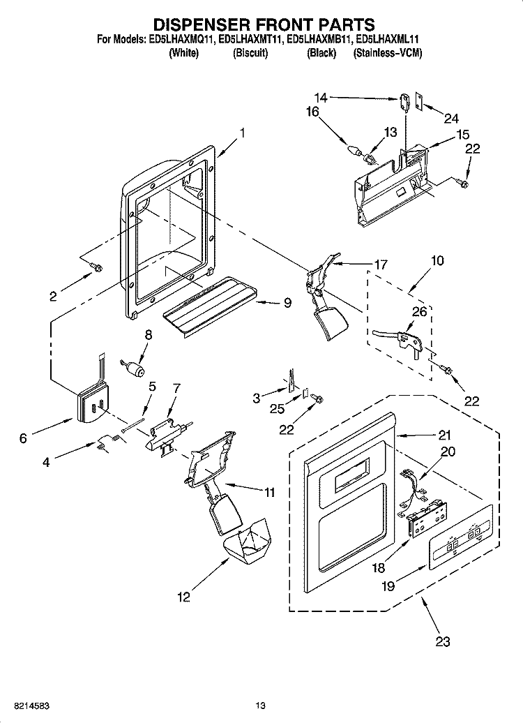 DISPENSER FRONT PARTS Diagram and Parts List for ED5LHAXML11  Whirlpool Refrigerator