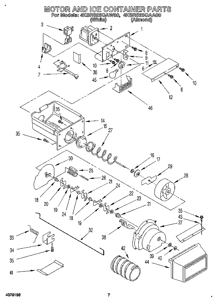 MOTOR AND ICE CONTAINER Diagram and Parts List for 4KSRS25QAW00  KitchenAid Refrigerator