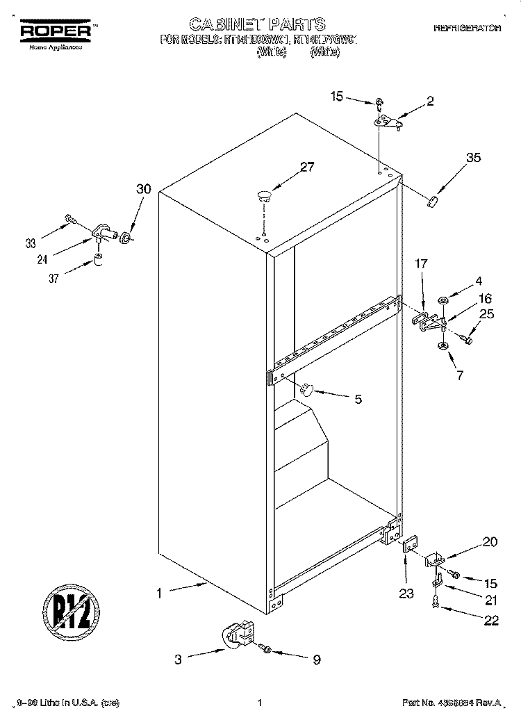 CABINET Diagram and Parts List for RT14HDXGW01  Roper Refrigerator