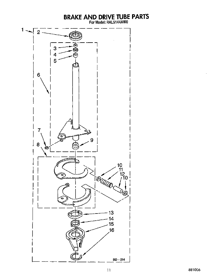BRAKE AND DRIVE TUBE Diagram and Parts List for RAL5144AL0  Whirlpool Washer