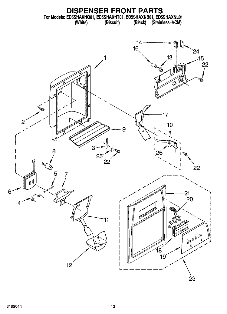 DISPENSER FRONT PARTS Diagram and Parts List for ED5SHAXNT01  Whirlpool Refrigerator