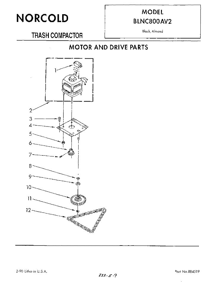 MOTOR AND DRIVE , LITERATURE AND OPTIONAL Diagram and Parts List for BLNC800AV2  Whirlpool Trash Compactor