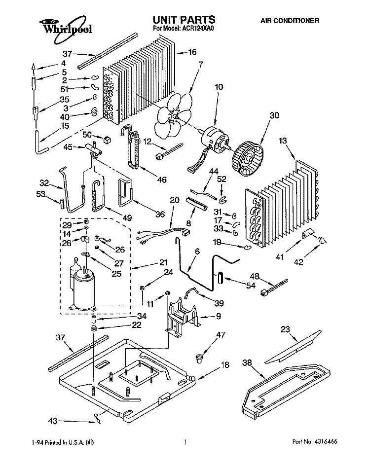 UNIT, LITERATURE Diagram and Parts List for ACR124XA0  Whirlpool Air Conditioner