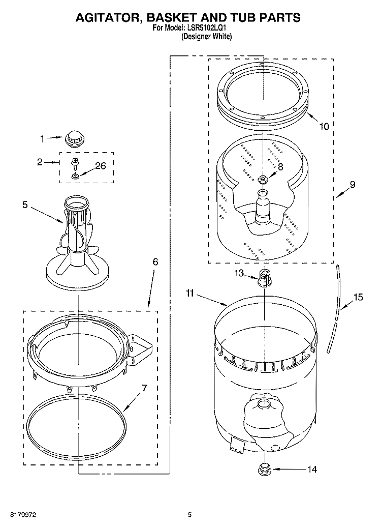 AGITATOR, BASKET AND TUB PARTS Diagram and Parts List for LSR5102LQ1  Whirlpool Washer