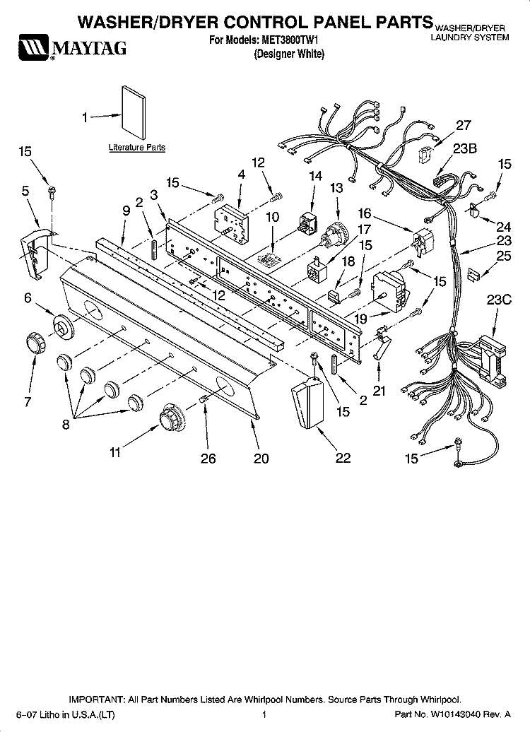 WASHER/DRYER CONTROL PANEL PARTS Diagram and Parts List for MET3800TW1  Maytag Washer Dryer Combo