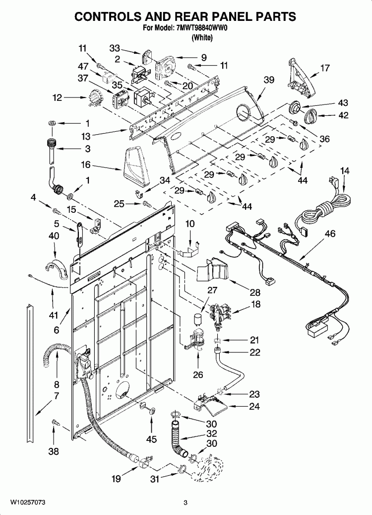 CONTROLS AND REAR PANEL PARTS Diagram and Parts List for 7MWT98840WW0  Whirlpool Washer