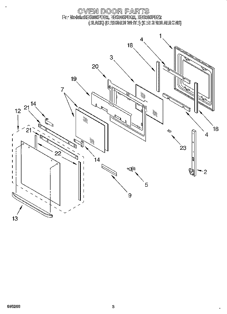 OVEN DOOR Diagram and Parts List for RBS305PDQ2  Whirlpool Wall Oven