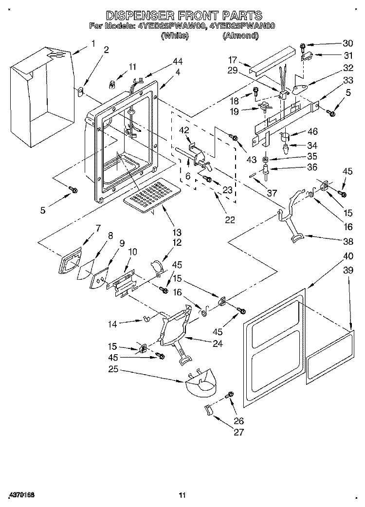 DISPENSER FRONT Diagram and Parts List for 4YED25PWAW00  Whirlpool Refrigerator