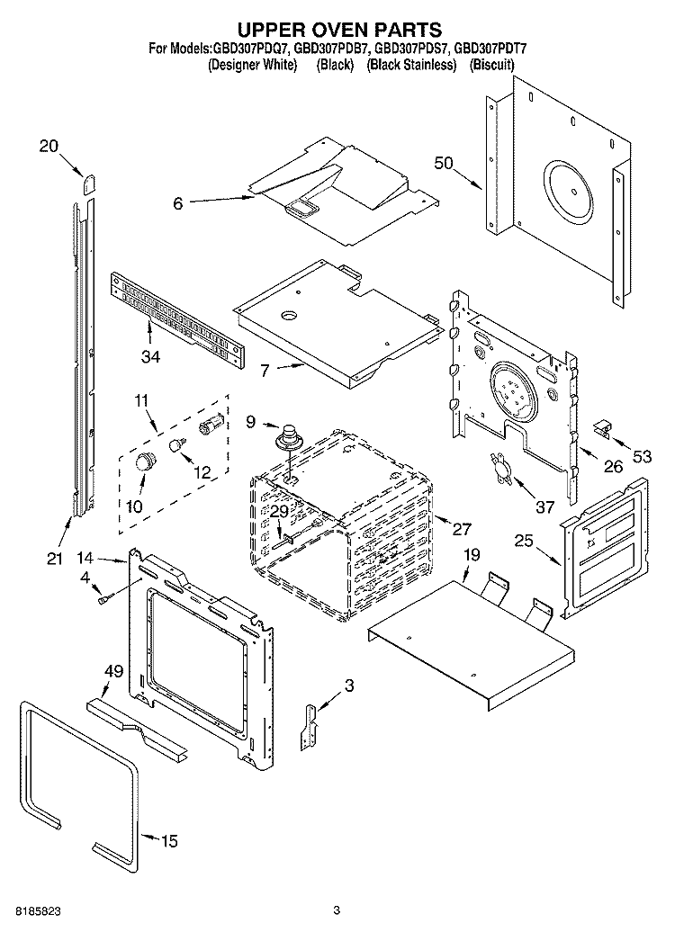 UPPER OVEN Diagram and Parts List for GBD307PDQ7  Whirlpool Wall Oven