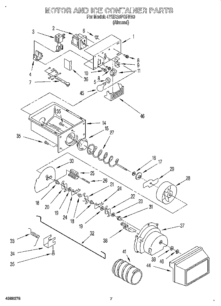 MOTOR AND ICE CONTAINER Diagram and Parts List for 4YED25PQFN00  Whirlpool Refrigerator